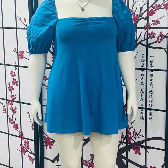 Blue Puff Sleeve Women's Top - Picture 2 of 5